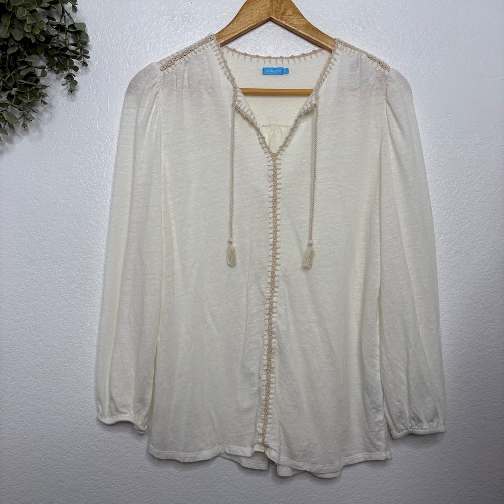 J.McLaughlin Linen Blend Boho Whipstitch Tassel Tie Blouse Ivory Cream Womens M - Picture 2 of 8